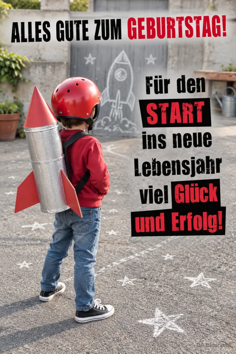 Kind mit Papprakete, Text: ALLES GUTE ZUM GEBURTSTAG