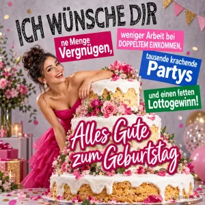 Frau im pinken Kleid lacht hinter einer großen Geburtstagstorte, Text: ICH WÜNSCHE DIR ne Menge Vergnügen, weniger Arbeit bei DOPPELTEM EINKOMMEN, tausende krachende Partys und einen fetten Lottogewinn! Alles Gute zum Geburtstag