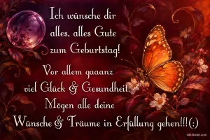 Schmetterling auf Dunkelrot, Text: Ich wünsche dir alles, alles Gute zum Geburtstag
