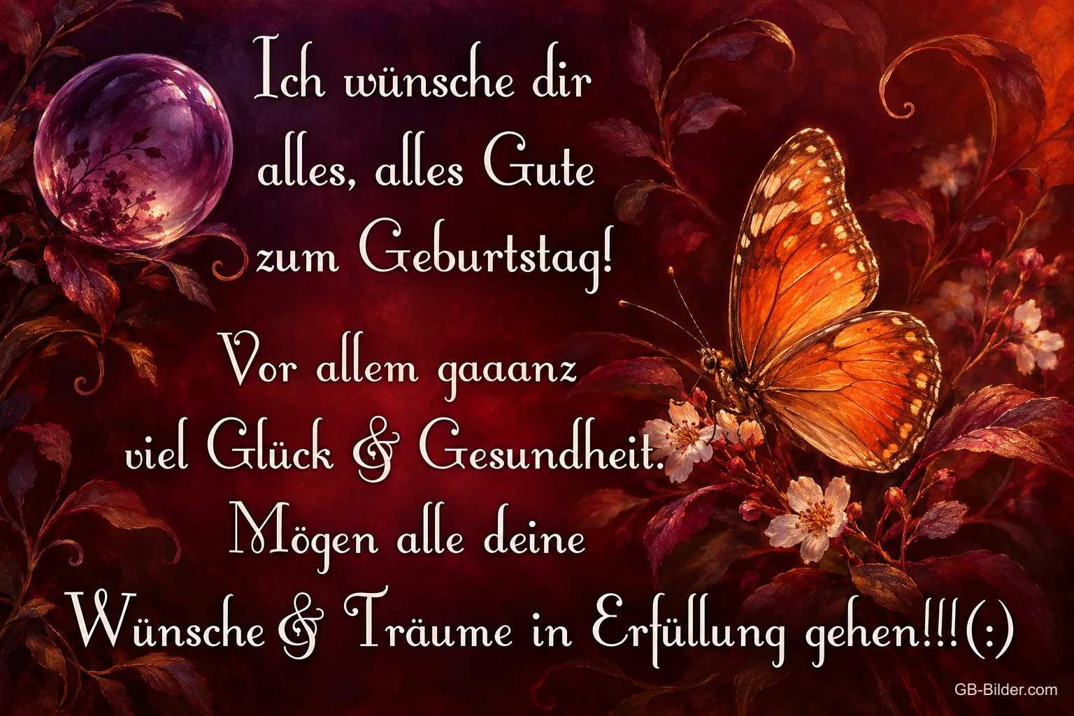 Schmetterling auf Dunkelrot, Text: Ich wünsche dir alles, alles Gute zum Geburtstag