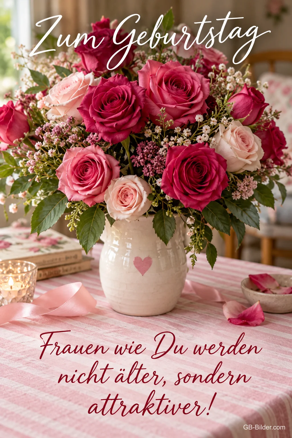 Rosenstrauß in der Herzvase, Text: Zum Geburtstag