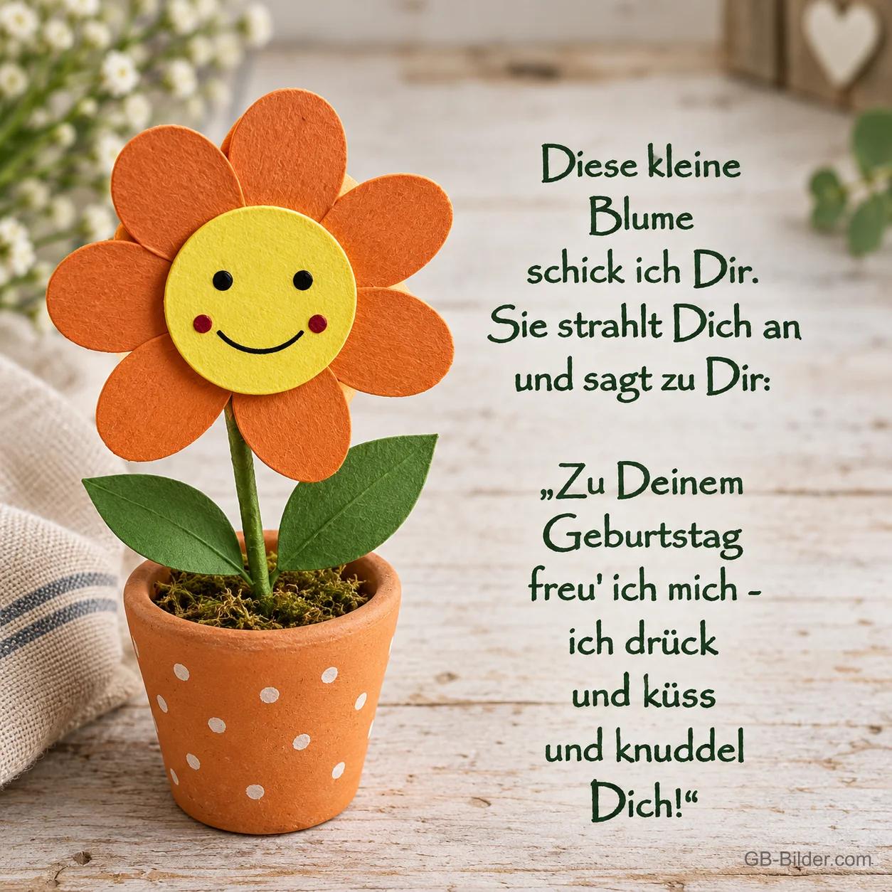Lächelnde Holzblume, Geburtstagsgedicht, Text: Diese kleine Blume schick ich Dir