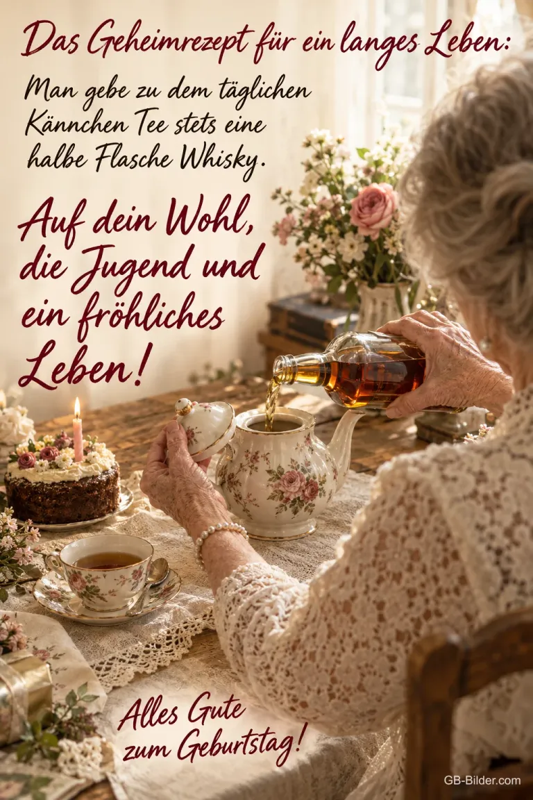 Ältere Dame mit Teekanne, lustiger Geburtstagsspruch, Text: Das Geheimrezept für ein langes Leben: Man gebe zu dem täglichen Kännc