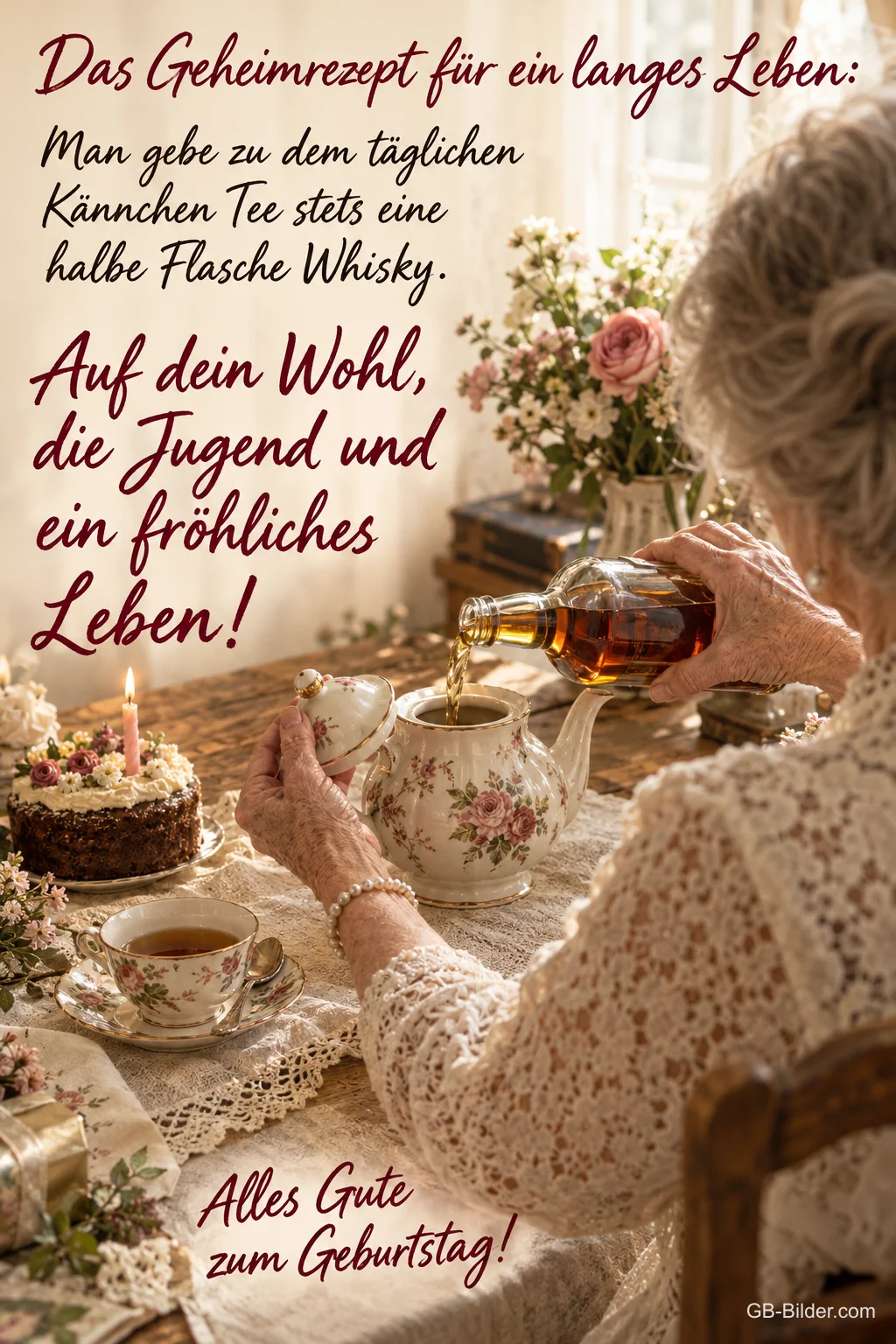 Ältere Dame mit Teekanne, lustiger Geburtstagsspruch, Text: Das Geheimrezept für ein langes Leben: Man gebe zu dem täglichen Kännc
