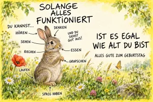 Hase auf einer Blumenwiese mit beschrifteten Pfeilen, Text: SOLANGE ALLES FUNKTIONIERT IST ES EGAL WIE ALT DU BIST – ALLES GUTE ZUM GEBURTSTAG