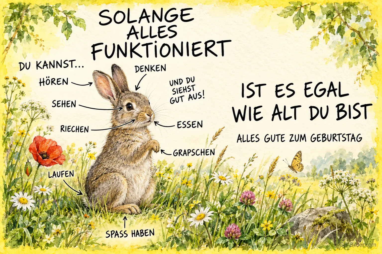 Hase auf einer Blumenwiese mit beschrifteten Pfeilen, Text: SOLANGE ALLES FUNKTIONIERT IST ES EGAL WIE ALT DU BIST – ALLES GUTE ZUM GEBURTSTAG