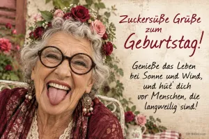 Ältere Dame mit runder Brille und Blumenkranz streckt lachend die Zunge heraus, Text: Zuckersüße Grüße zum Geburtstag! Genieße das Leben bei Sonne und Wind, und hüt' dich vor Menschen, die langweilig sind!