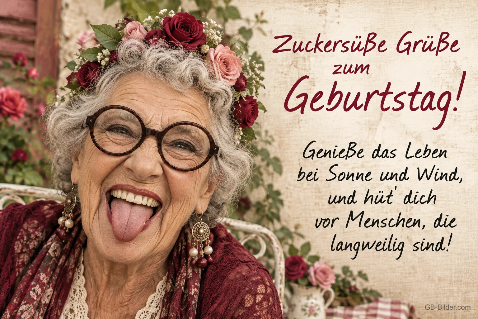 Ältere Dame mit runder Brille und Blumenkranz streckt lachend die Zunge heraus, Text: Zuckersüße Grüße zum Geburtstag! Genieße das Leben bei Sonne und Wind, und hüt' dich vor Menschen, die langweilig sind!