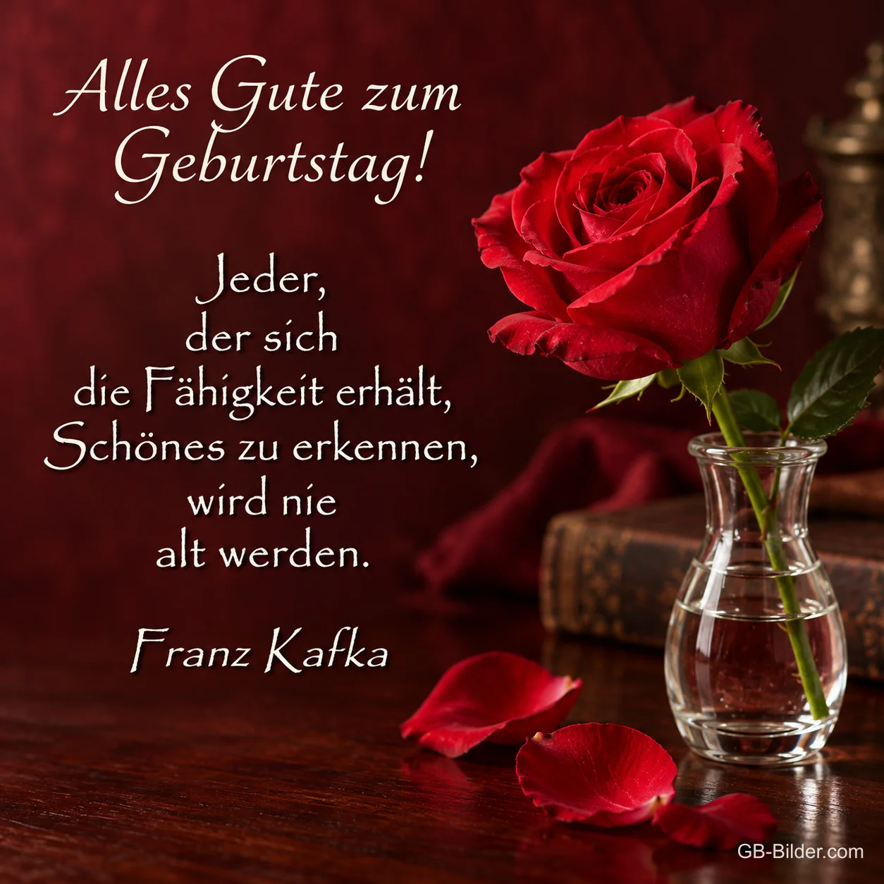 Rote Rose in der Vase, Zitat Franz Kafka, Text: Alles Gute zum Geburtstag