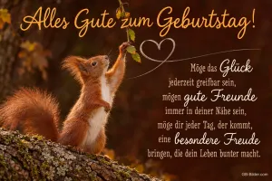 Eichhörnchen greift nach einem Herz, Text: Alles Gute zum Geburtstag