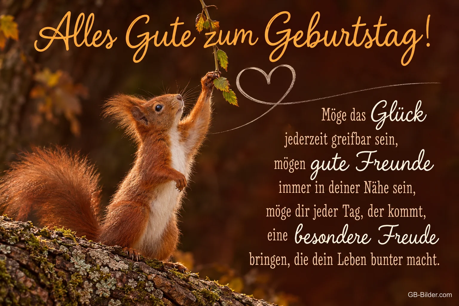 Eichhörnchen greift nach einem Herz, Text: Alles Gute zum Geburtstag