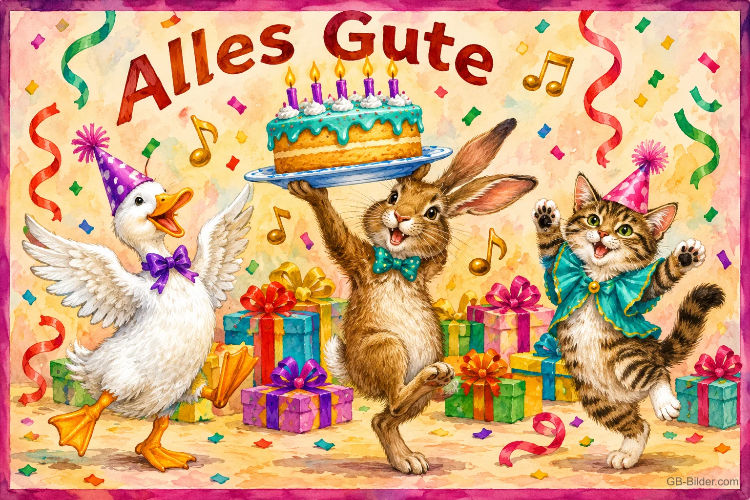 Ente, Hase und Katze feiern mit Torte und Geschenken, Text: Alles Gute