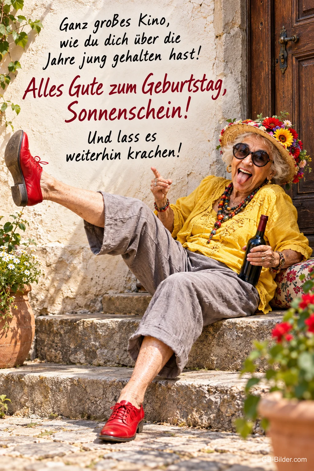 Ältere Dame mit Sonnenhut und Sonnenbrille streckt lachend das Bein auf einer Treppe, Text: Ganz großes Kino, wie du dich über die Jahre jung gehalten hast! Alles Gute zum Geburtstag, Sonnenschein! Und lass es weiterhin krachen!
