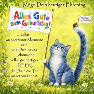 Katze mit Geburtstagsfahne, Text: Möge Dein heutiger Ehrentag
