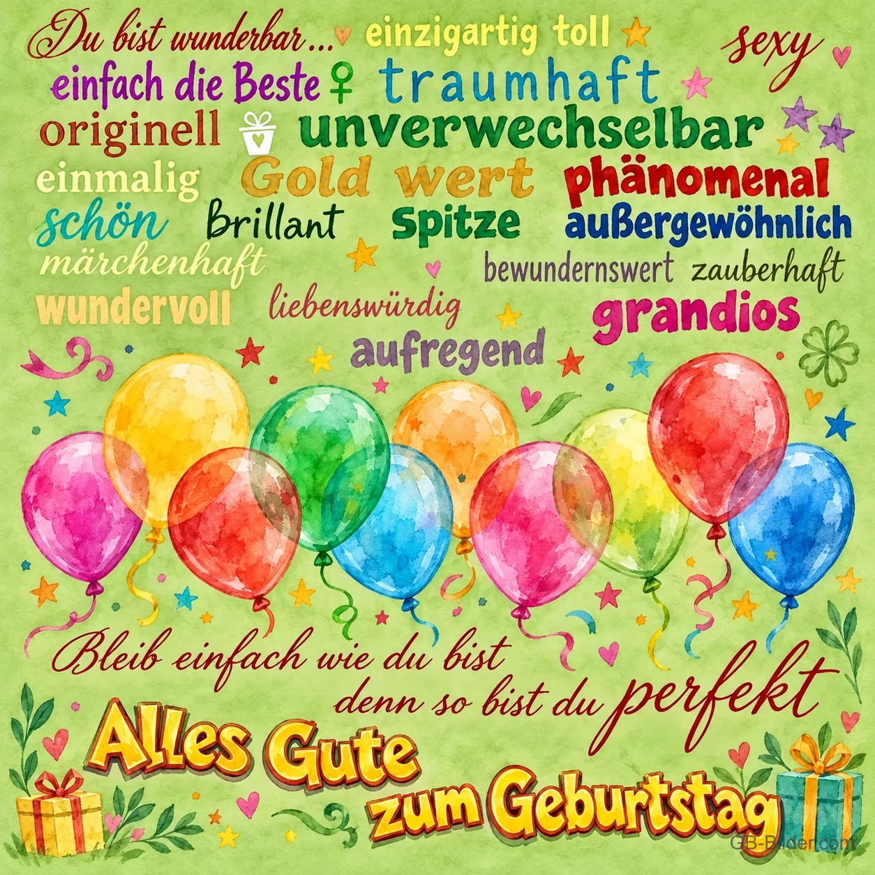 Bunte Luftballons, Geburtstagswörter, Text: Du bist wunderbar