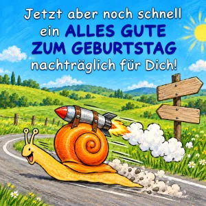 Schnecke mit Rakete rast eine Landstraße entlang, Text: Jetzt aber noch schnell ein ALLES GUTE ZUM GEBURTSTAG nachträglich für Dich!