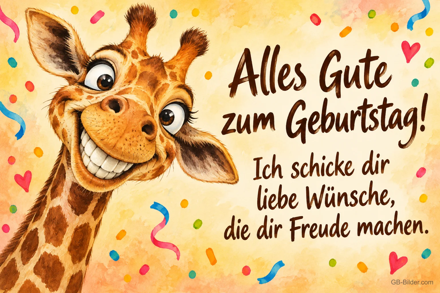 Giraffe grinst breit zwischen Konfetti und Herzen, Text: Alles Gute zum Geburtstag! Ich schicke dir liebe Wünsche, die dir Freude machen.
