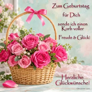 Rosenkorb mit Schleife, Text: Zum Geburtstag für Dich sende ich einen Korb voller Freude & Glück