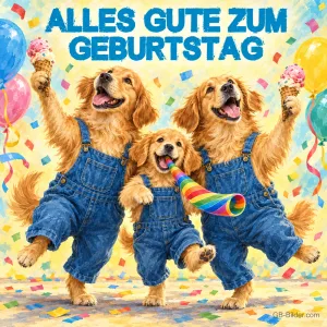 Drei Hunde in Latzhosen tanzen mit Eis und Tröte im Konfetti, Text: ALLES GUTE ZUM GEBURTSTAG
