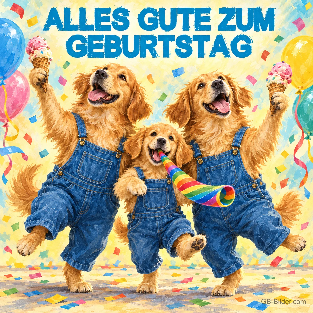 Drei Hunde in Latzhosen tanzen mit Eis und Tröte im Konfetti, Text: ALLES GUTE ZUM GEBURTSTAG
