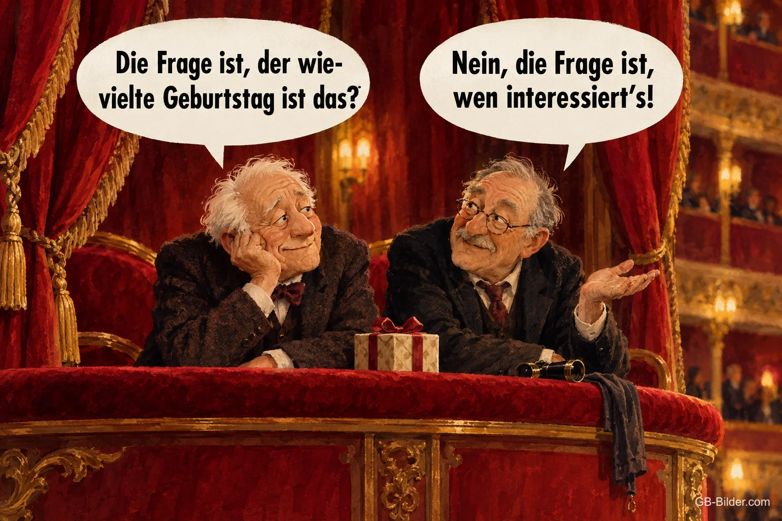 Zwei ältere Herren in der Theaterloge, lustiger Geburtstagsspruch, Text: Die Frage ist, der wievielte Geburtstag ist das