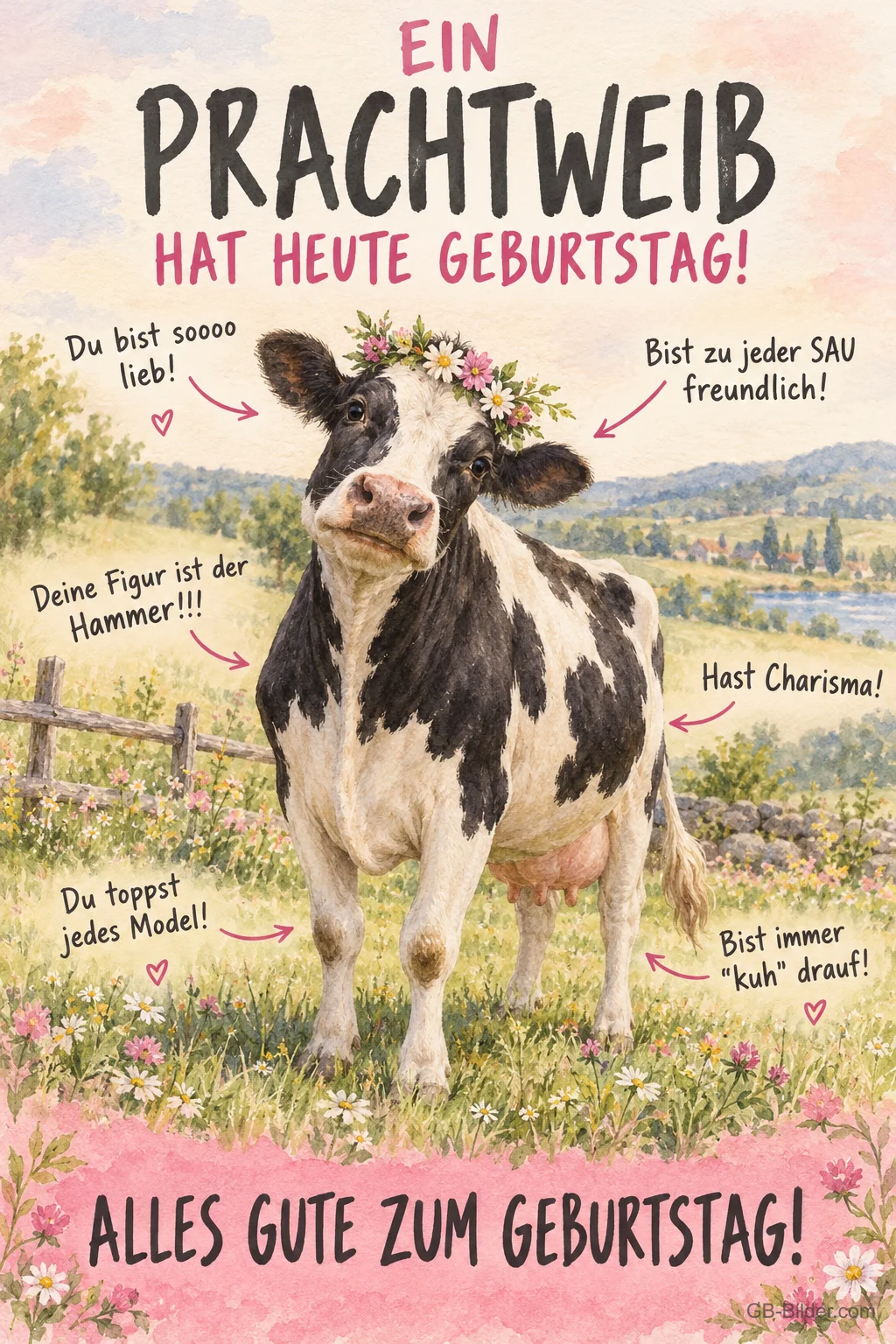 Kuh mit Blumenkranz, lustiger Geburtstagsgruß, Text: Ein Prachtweib hat heute Geburtstag
