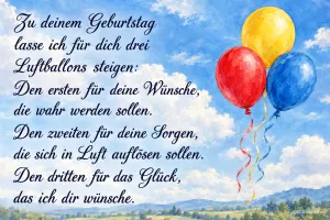 Drei Luftballons, Geburtstagsgedicht, Text: Zu deinem Geburtstag lasse ich für dich drei Luftballons steigen: Den 