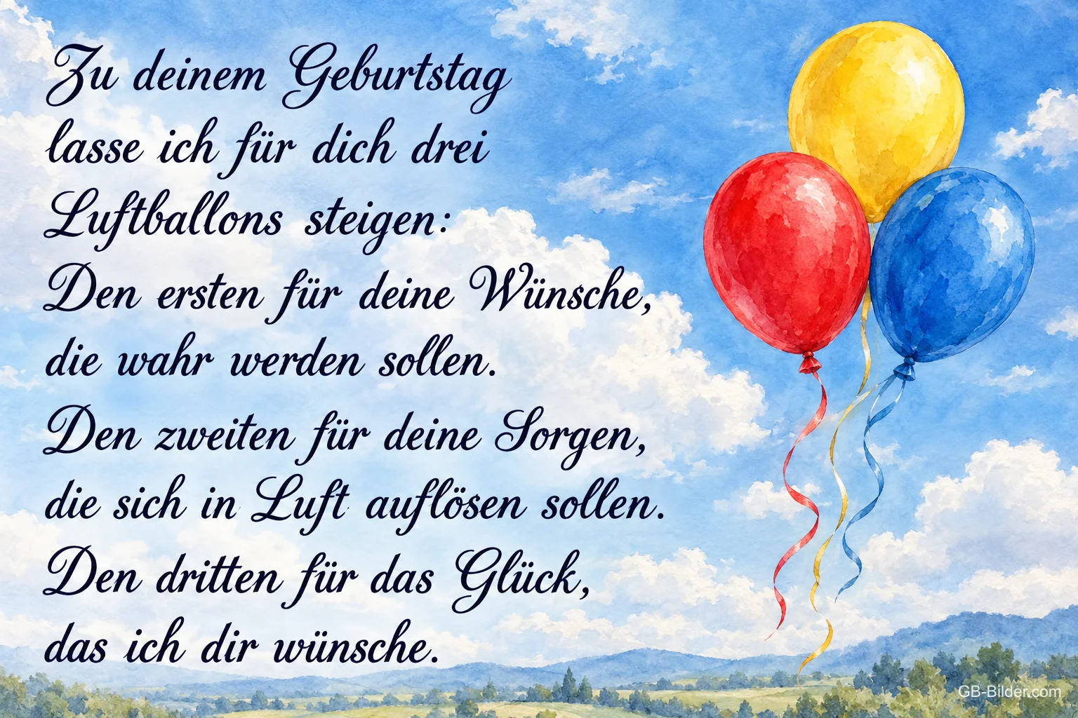 Drei Luftballons, Geburtstagsgedicht, Text: Zu deinem Geburtstag lasse ich für dich drei Luftballons steigen: Den 