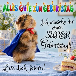 Meerschweinchen mit Umhang, Text: Alles Gute zum Geburtstag