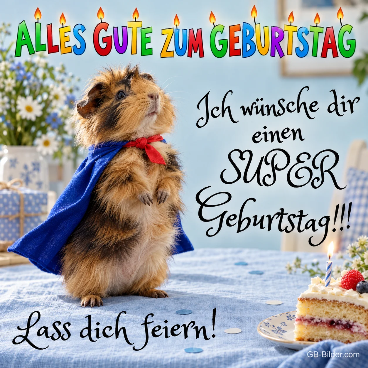 Meerschweinchen mit Umhang, Text: Alles Gute zum Geburtstag