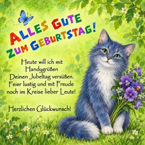 Katze mit Veilchenstrauß, Text: Alles Gute zum Geburtstag