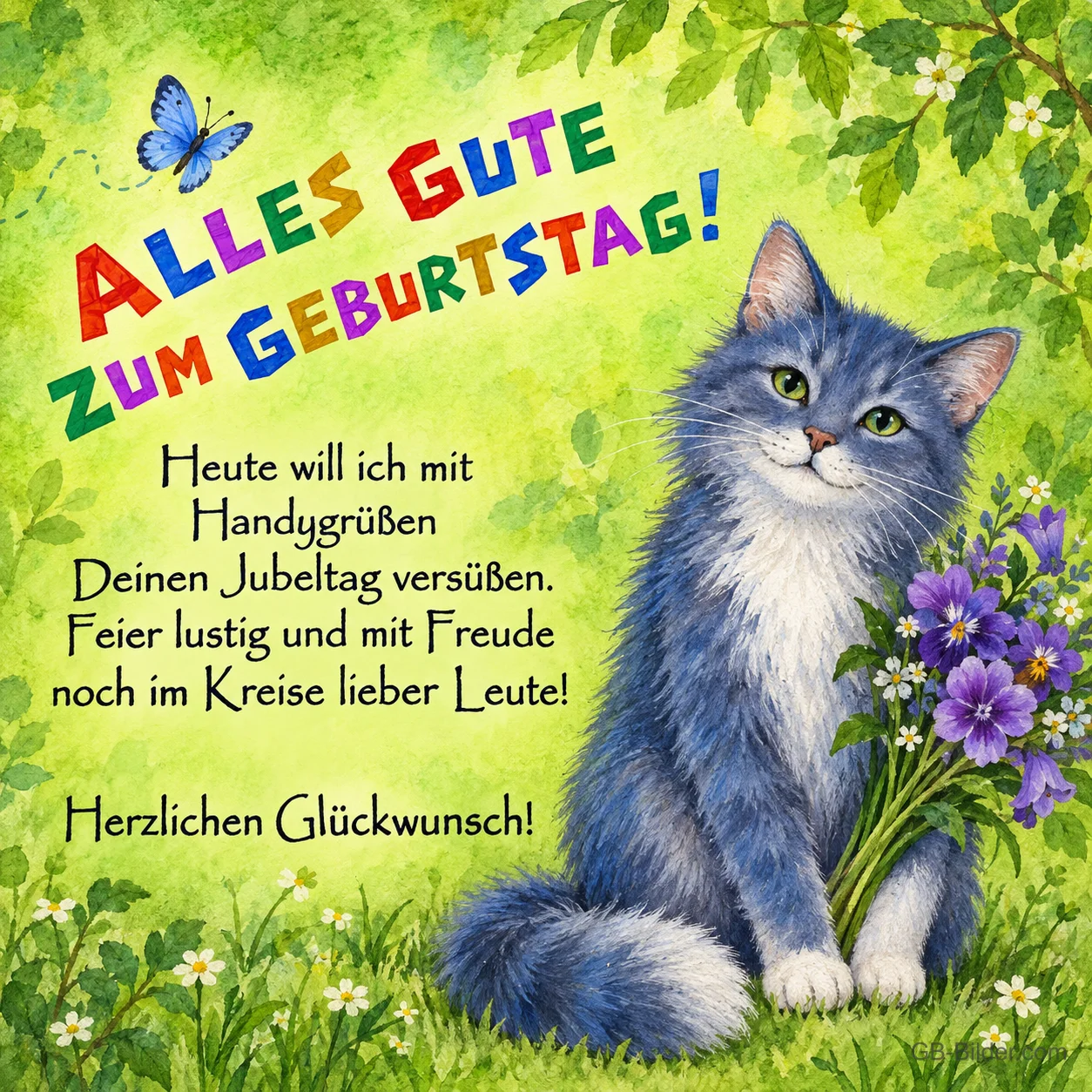 Katze mit Veilchenstrauß, Text: Alles Gute zum Geburtstag