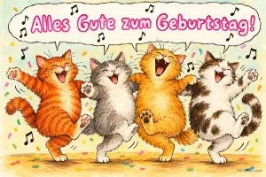 Vier Katzen singen und tanzen im Konfetti, Text: Alles Gute zum Geburtstag!