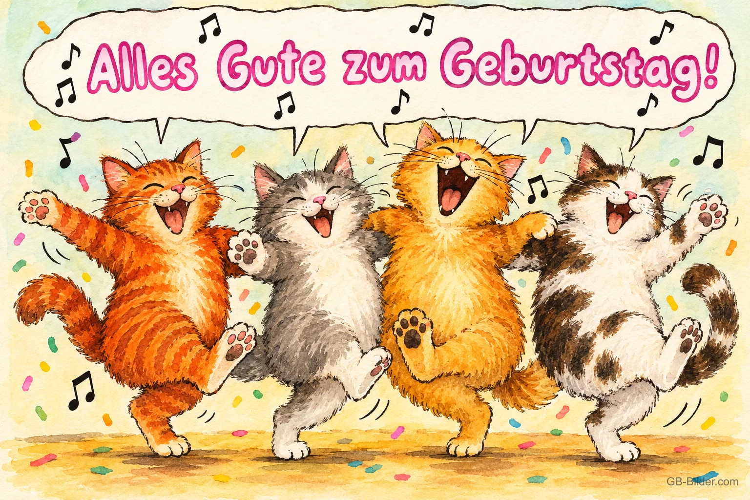 Vier Katzen singen und tanzen im Konfetti, Text: Alles Gute zum Geburtstag!