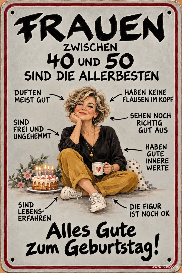 Fröhliche Frau mit Kaffeetasse neben einer Geburtstagstorte auf einem Schild mit Pfeilen, Text: Frauen zwischen 40 und 50 sind die Allerbesten: duften meist gut, haben keine Flausen im Kopf, sind frei und ungehemmt, sehen noch richtig gut aus, haben gute innere Werte, sind lebenserfahren, die Figur ist noch ok. Alles Gute zum Geburtstag!