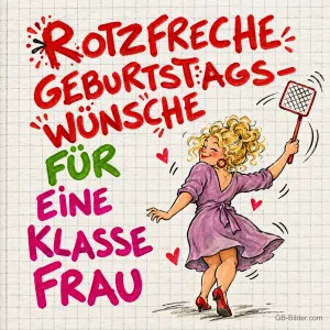 Gezeichnete fröhliche Frau tanzt mit einer Fliegenklatsche auf Karopapier, Text: Rotzfreche Geburtstagswünsche für eine klasse Frau
