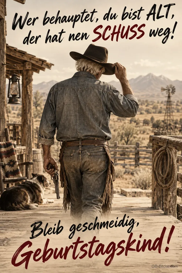 Älterer Cowboy geht über eine Ranch im Westernstil, Text: Wer behauptet, du bist ALT, der hat nen SCHUSS weg! Bleib geschmeidig, Geburtstagskind!