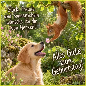 Eichhörnchen reicht einem Golden-Retriever-Welpen eine Blume, Text: Glück, Freude und Sonnenschein wünsche ich dir von Herzen. Alles Gute zum Geburtstag!