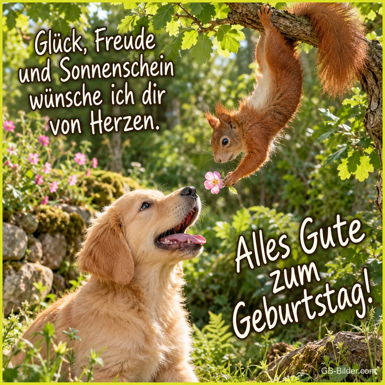Eichhörnchen reicht einem Golden-Retriever-Welpen eine Blume, Text: Glück, Freude und Sonnenschein wünsche ich dir von Herzen. Alles Gute zum Geburtstag!