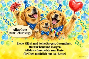 Drei Golden Retriever mit Partyhüten und Tröten zwischen Seifenblasen, Text: Alles Gute zum Geburtstag!! Liebe. Glück und keine Sorgen. Gesundheit. Mut für heut und morgen. All das wünsche ich zum Feste, für Dich natürlich nur das Beste!