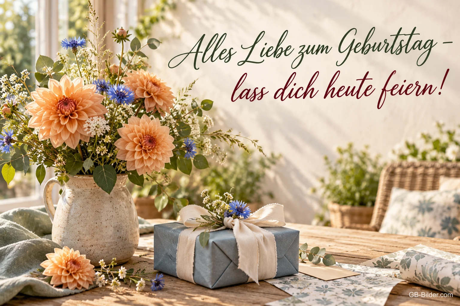 Herbststrauß mit Geschenk, Text: Alles Liebe zum Geburtstag