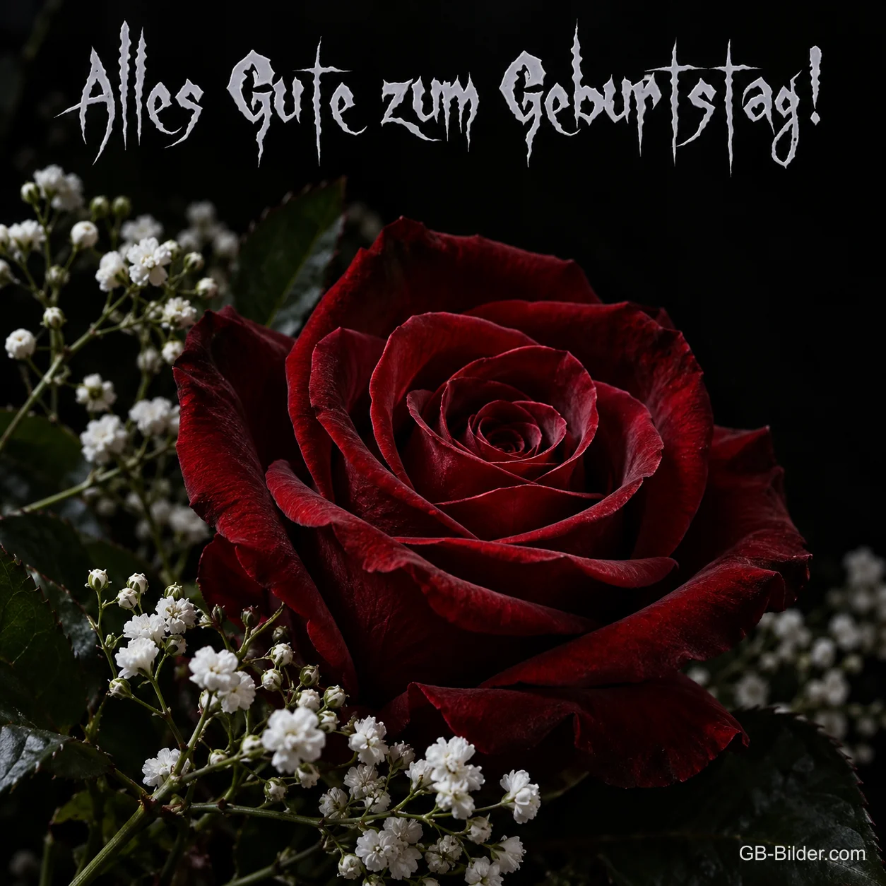 Dunkelrote Rose mit Schleierkraut vor dunklem Hintergrund, Text: Alles Gute zum Geburtstag!