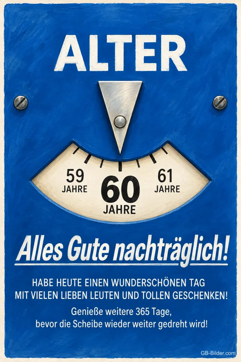 Blaue Parkscheibe mit Altersanzeige 60 Jahre, Text: ALTER 60 JAHRE – Alles Gute nachträglich! Habe heute einen wunderschönen Tag mit vielen lieben Leuten und tollen Geschenken! Genieße weitere 365 Tage, bevor die Scheibe wieder weiter gedreht wird!