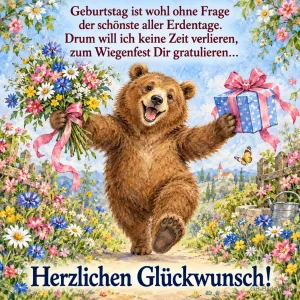 Bär läuft fröhlich mit Blumenstrauß und Geschenk, Text: Geburtstag ist wohl ohne Frage der schönste aller Erdentage. Drum will ich keine Zeit verlieren, zum Wiegenfest Dir gratulieren… Herzlichen Glückwunsch!