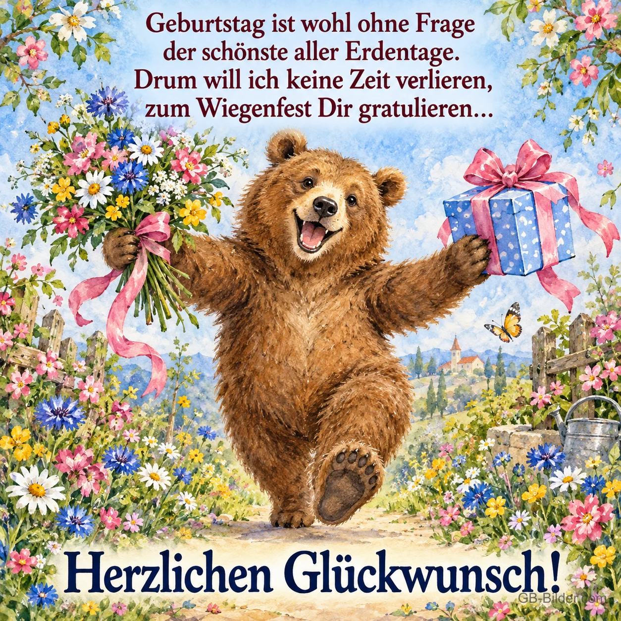 Bär läuft fröhlich mit Blumenstrauß und Geschenk, Text: Geburtstag ist wohl ohne Frage der schönste aller Erdentage. Drum will ich keine Zeit verlieren, zum Wiegenfest Dir gratulieren… Herzlichen Glückwunsch!