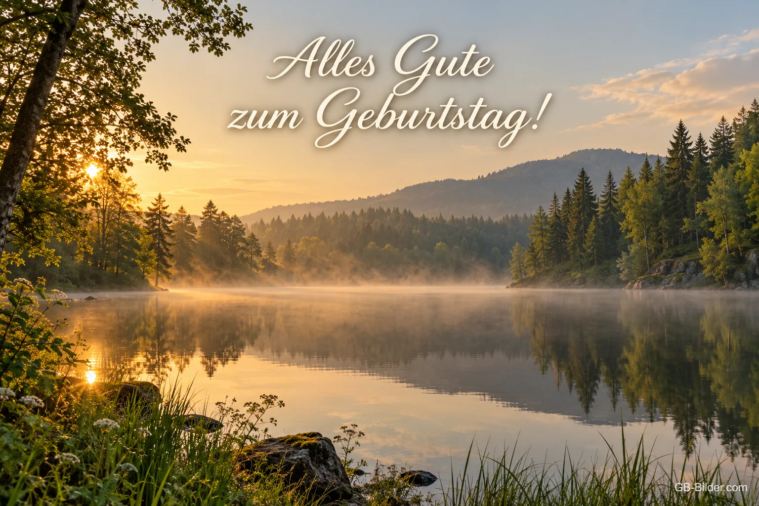 Waldsee mit Morgennebel bei Sonnenaufgang, Text: Alles Gute zum Geburtstag!