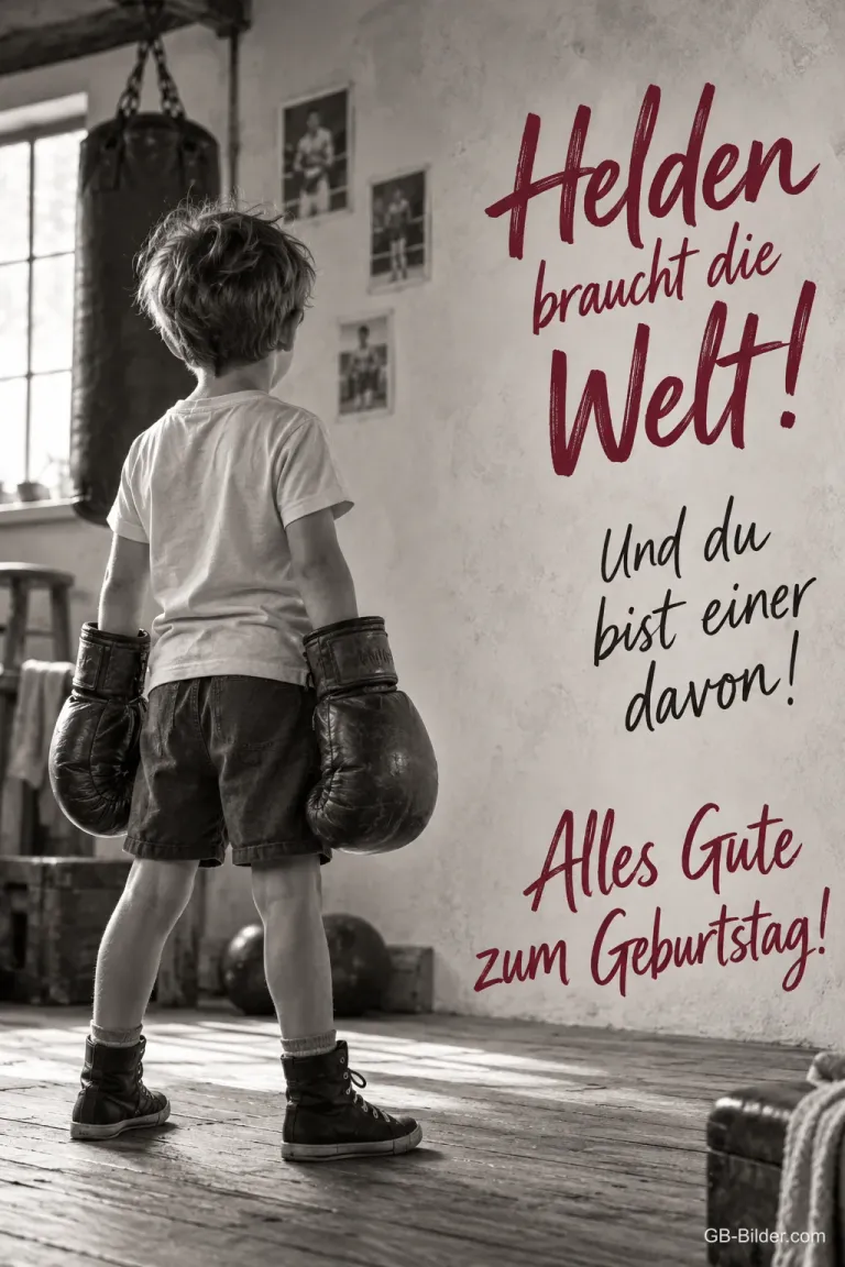 Kleiner Junge mit Boxhandschuhen in einer alten Boxhalle in Schwarz-Weiß, Text: Helden braucht die Welt! Und du bist einer davon! Alles Gute zum Geburtstag!