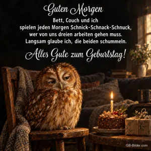 Müder Waldkauz auf einem Sessel neben einer Torte mit Kerze, Text: Guten Morgen – Bett, Couch und ich spielen jeden Morgen Schnick-Schnack-Schnuck, wer von uns dreien arbeiten gehen muss. Langsam glaube ich, die beiden schummeln. Alles Gute zum Geburtstag!