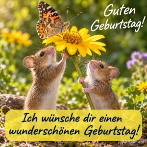 Zwei Hamster recken sich zu einer gelben Blume mit Schmetterling, Text: Guten Geburtstag! Ich wünsche dir einen wunderschönen Geburtstag!