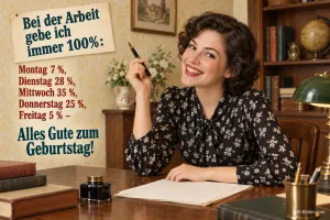 Lachende Frau mit Füller am Schreibtisch im Stil der 50er Jahre, Text: Bei der Arbeit gebe ich immer 100%: Montag 7 %, Dienstag 28 %, Mittwoch 35 %, Donnerstag 25 %, Freitag 5 % – Alles Gute zum Geburtstag!